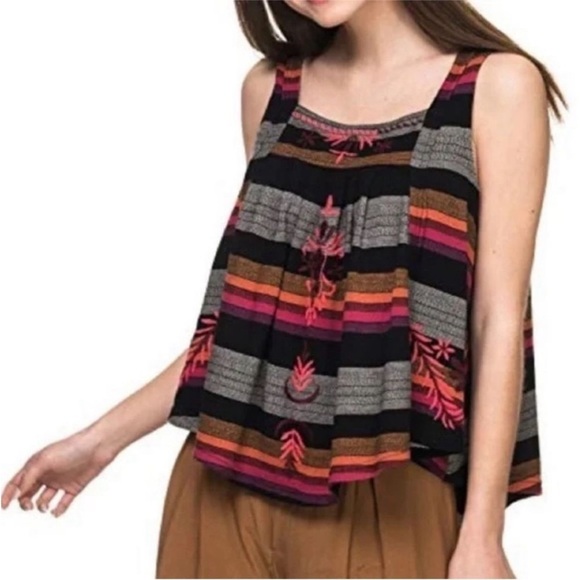 FREE PEOPLE Vintage Stripe Swing Tank Boho Hippie Embroidered Folklore Size XS - Picture 1 of 10